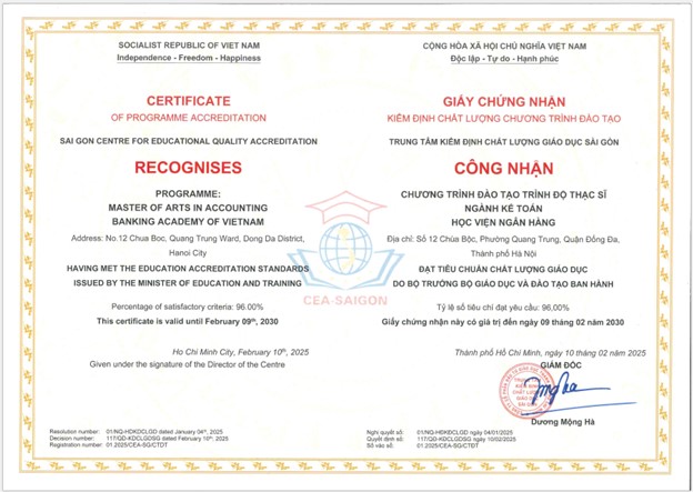 Giấy chứng nhận kiểm định chất lượng CTĐT Thạc sĩ ngành Kế toán